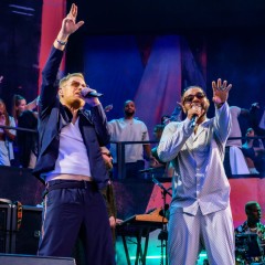 On stage.